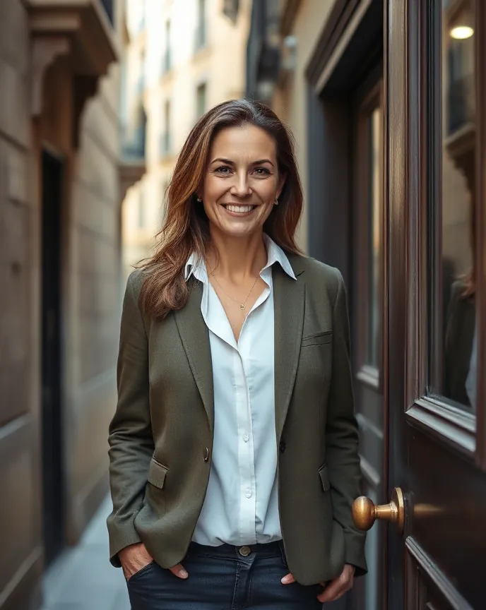 Marta Rivero en la puerta de la oficina.